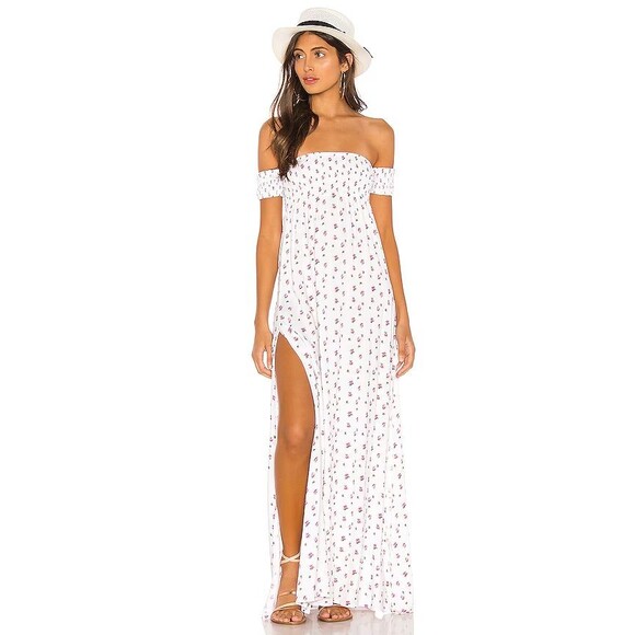 LPA Womens Dress XS White Floral Maxi Off Shoulder Smocked Pullover Slit DARLIN - Picture 1 of 10
